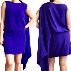 BCBG Maxazria one shoulder cape dress 100% Silk Purple Size Small